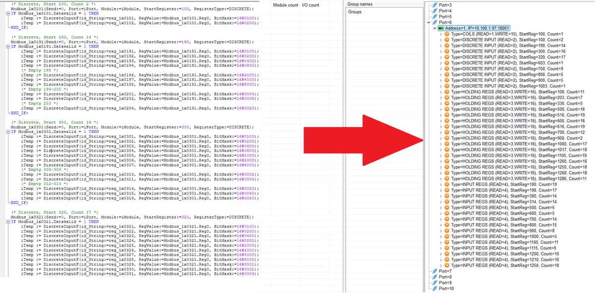 Kuvakaappaus Modbus-laitteet-työkalusta, jossa Modbus-koodista generoidaan laitelista ja FX-Editoriin sopiva näkymä